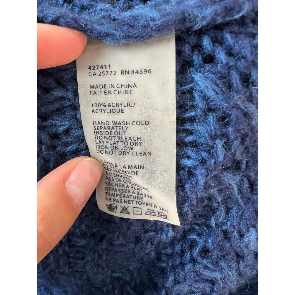 Devoted Blue Crochet Cable Knit Long Sleeve Round Neck Chunky Sweater Size M
